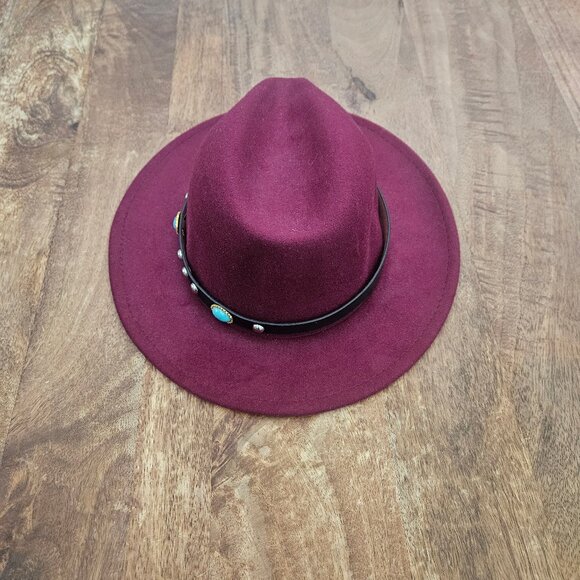 Fedora Style Hat Womens Burdundy Felt Western Turquoise Silver Accents - Picture 3 of 7
